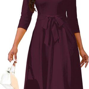 Women's Burgundy Casual A-Line Dress Midi V-Neck Flare 3/4 Sleeve